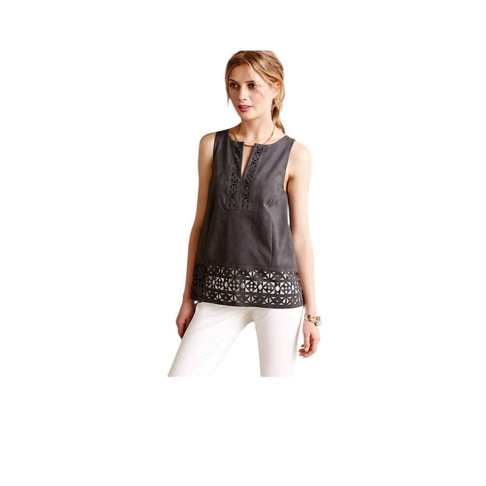 Anthropologie HD in Paris Gray Vegan Sliced Tank Top Shirt Sz 6 Petite Cut Out S